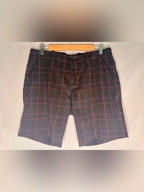 Vintage Men's Black Windowpane Plaid Flat-Front Shorts with Red & Purple Lines